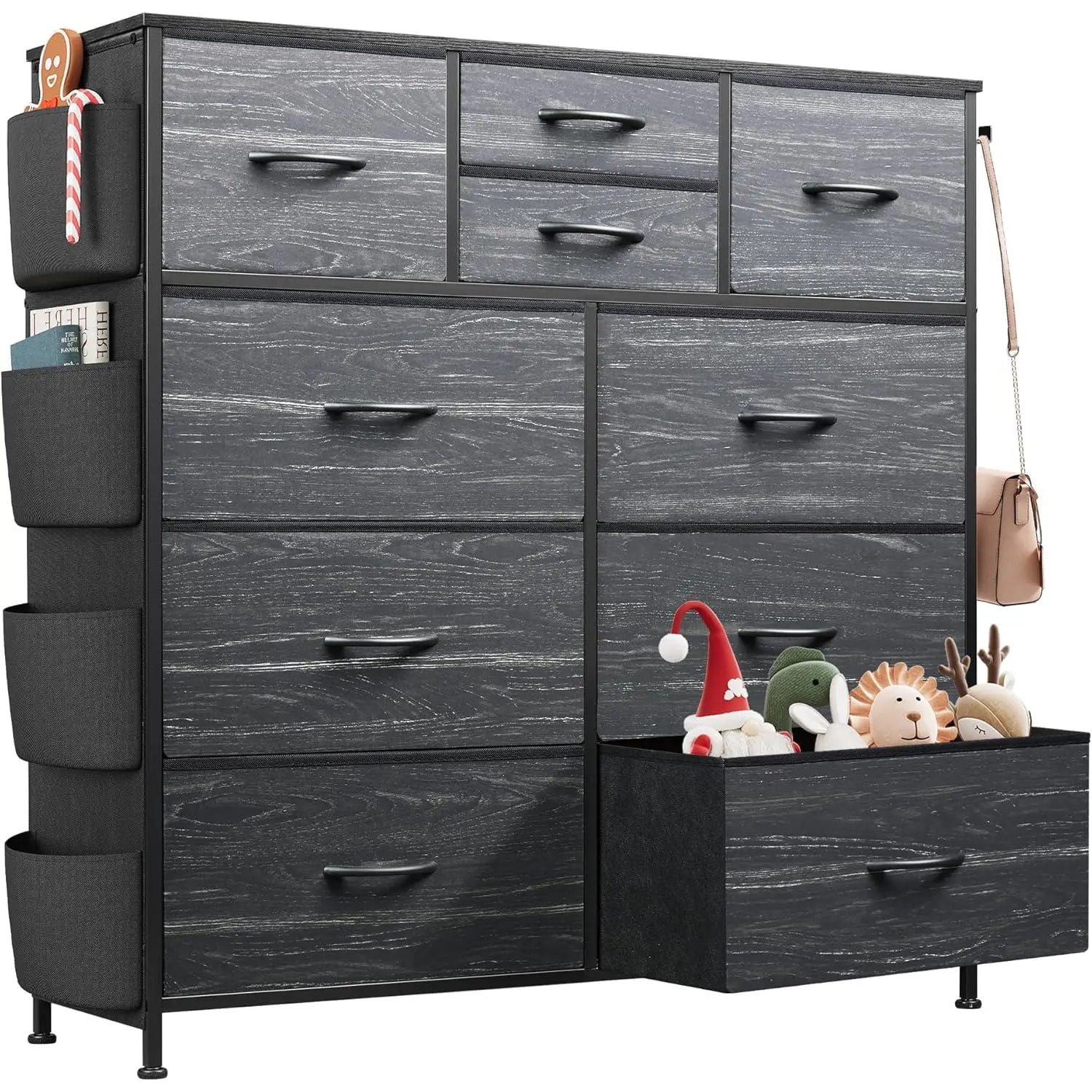 WLIVE Dresser for Bedroom with 10 Drawers, Fabric Dresser Chest of Drawers with Side Pockets and Hooks, Sturdy Metal Frame, Drawers Organizer Unit for