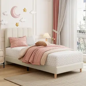 Garvee Twin Upholstered Platform Bed – Boucle Fabric with Cute Wave Headboard, Wooden Slats Support, Noise-Free, No Box Spring Required, for Kids, Girls & Boys, Beige