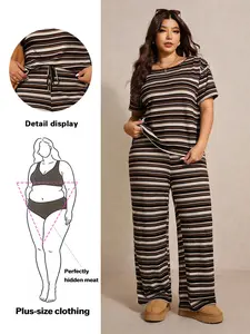 Women's Plus Size Striped Print Drop Shoulder T-Shirt and Long Pants Sleepwear Set Pajama, Comfortable Home Wear, Casual Fashion Night Outdoors Walking, Loungewear