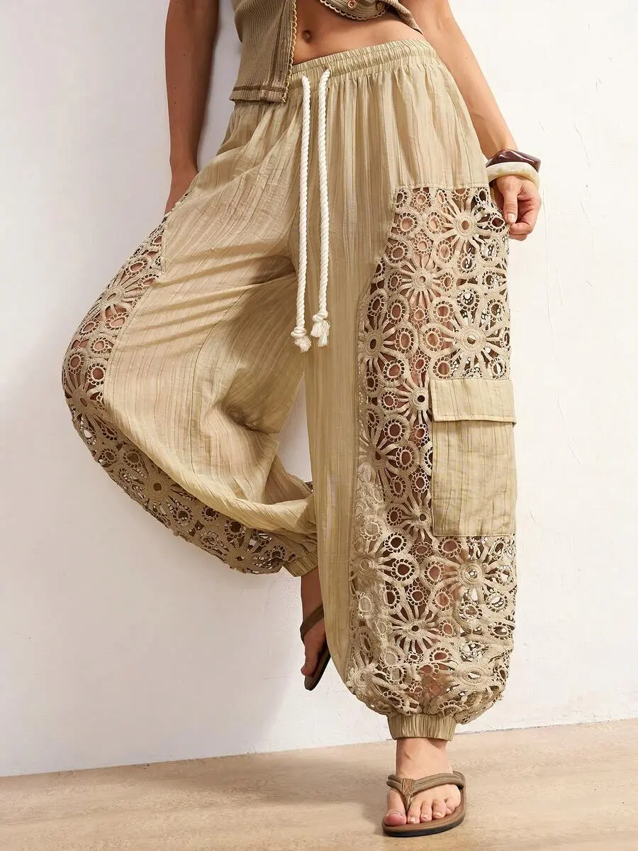 SYSTAN SDERT STORE Women's Boho Crochet Lace Patchwork Cargo Pants High Waisted Drawstring Elastic Waistband Cutout Floral Eyelet Baggy Harem Joggers Vacation Festival Pants