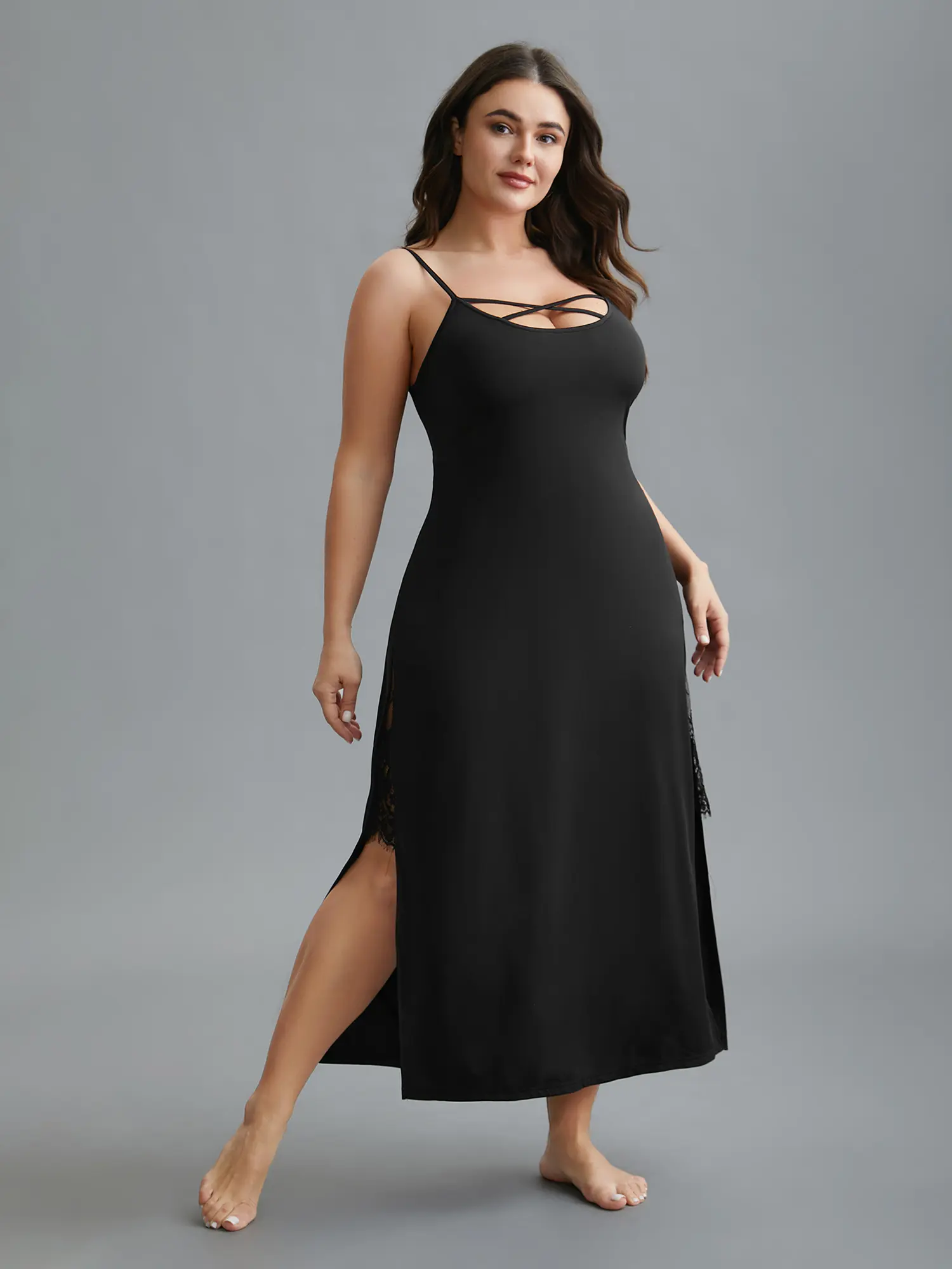 BloomChic Women's Solid Minimalist Nylon Nightgown - Basic Loungewear Garment, Fitted Sleeveless U-Neck Dress with Crisscross Lace Trim Back, Slit Hem, Stretch Regular Fit, No Pocket, Hand Wash Only