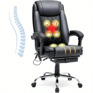 6-Point Massage Office Chair, Heated Executive Chair, Ergonomic Home Office Desk Chair, PU Leather with Retractable Footrest, Adjustable Armrest & Head Support(Black)