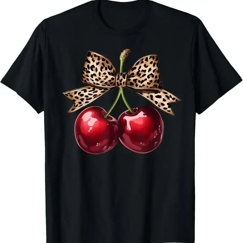 100% cotton Retro Cherry Leopard Coquette Bow Cute Cherries Women Girls T-Shirt women graphic shirts Fit Outfit