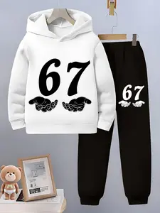 Children Baseball Hooded Set, Boys Girls Colorblock Sweatshirt & Long Pants, Creative 67 Number Print Casual Fall Winter Two-Piece