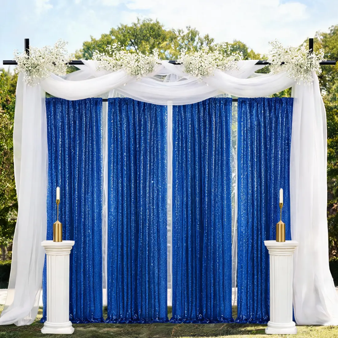 Deep Royal Blue Sequin Round Backdrop Curtain Banners, 6 Panels, 2x8ft, for Corporate Gala, Wedding Photography, Home & Festive Party Decor