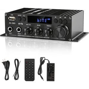 Stereo Amplifier  Audio Receiver -390,AMP Speaker  5.0 Amplifier 400W+400W 2 Channels with 12V/5A Power Amplifier HiFi Amplifier FM Radio,(BT,USB, AUX, Mic)Input for  Party