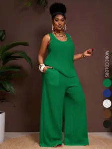 Women's Plus Size Fashion Business Casual Vacation 2-Piece Set, Comfortable U-Neck Sleeveless Top with Pockets, Loose Fit Wide Leg Pants