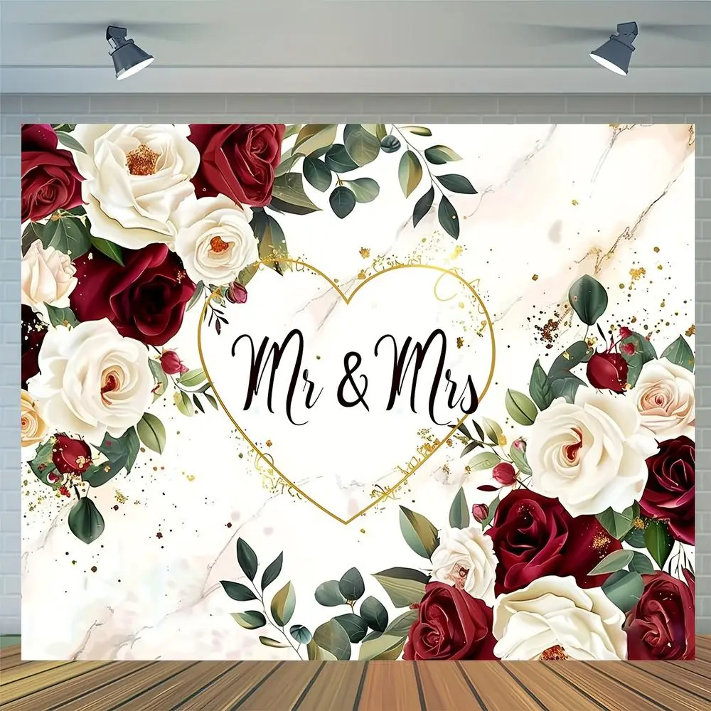 1pc Polyester 2D Flat Mr & Mrs Flower Design White Arch Backdrop Cloth - Decorative Banner, Wedding Textile Accessory, Multiple Sizes Available
