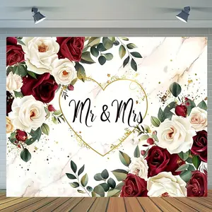 1pc 2D Flat Mr & Mrs Floral Polyester Backdrop Cloth: Celebrate Your Special Occasion with Elegance - Available in x and x Sizes Banners White