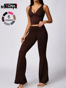 women's solid deep v neck tracksuit set, two piece sets tracksuits yoga pants, athletic wear casual backless crop cami top & flared pants, back to school fall outfits, sportswear set, minimalistic outfit, workout sets women, workout clothes, activewear
