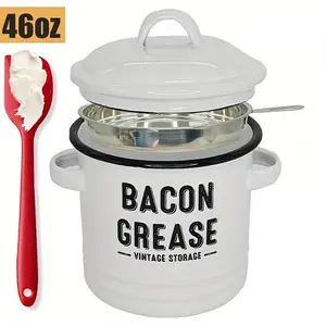 46 OZ Bacon Grease Container With Strainer And Spatula, Stainless Steel Strainer, Enamel Oil Container, PotFat Storage With Lid