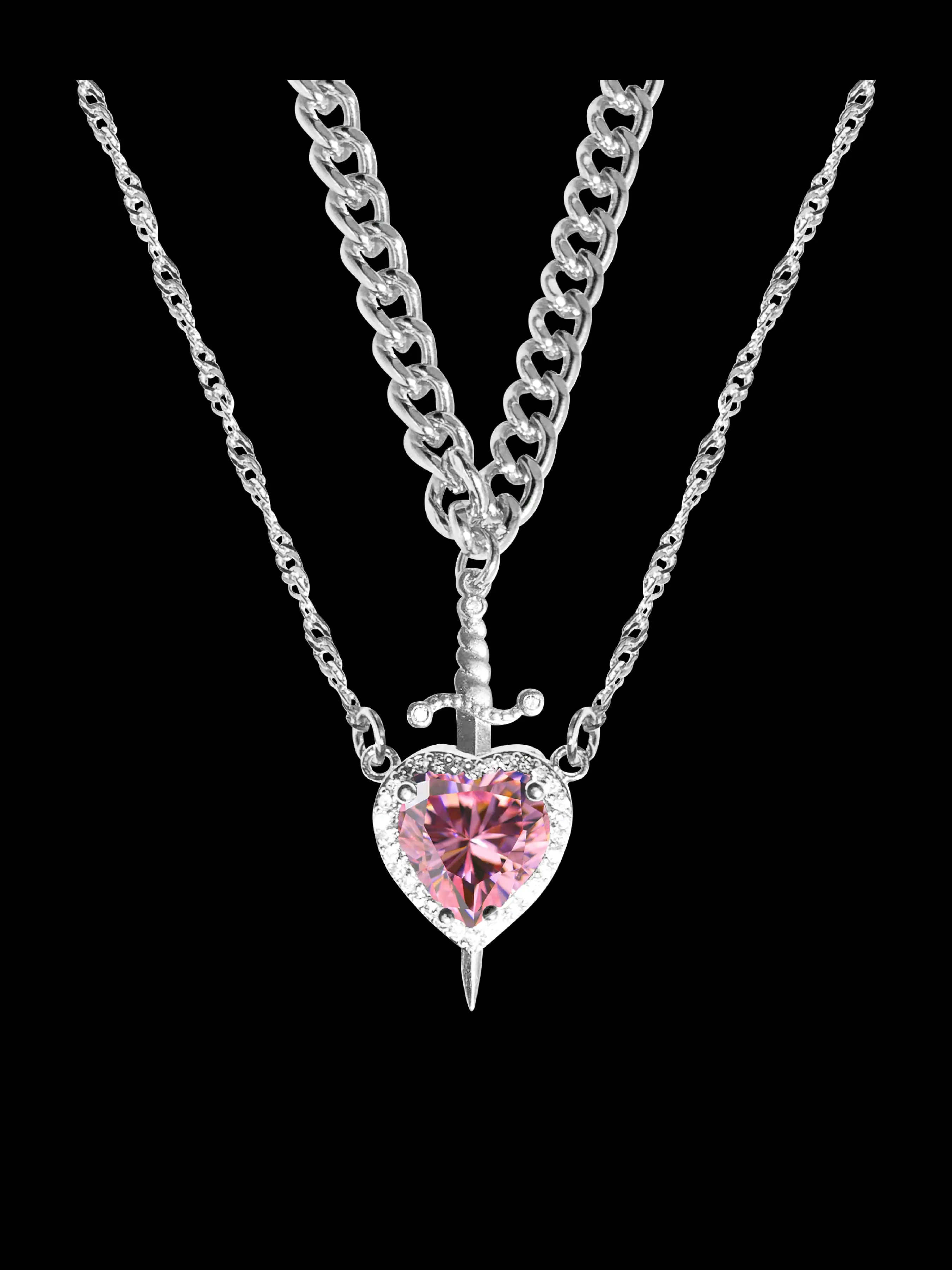 Zircon Heart Dagger Pendant Necklace Set, Detachable Dual Layer Design, Fashionable Luxury Jewelry for Special Occasions