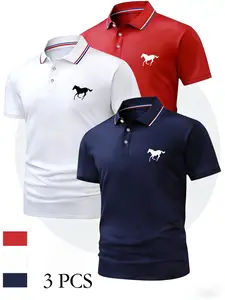 Men's Horse Pattern Polo Shirt, Breathable Short Sleeve Casual T-Shirt, Lightweight Stretch Fabric, Ideal for Outdoor Activities, Gift Idea, Casual Polo Shirts