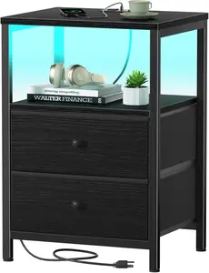 Black Nightstand with  Station, LED Night Stand with 2 Fabric Drawers, Bedside Table with USB Ports and Outlets, Nightstand for Bedroom Modern