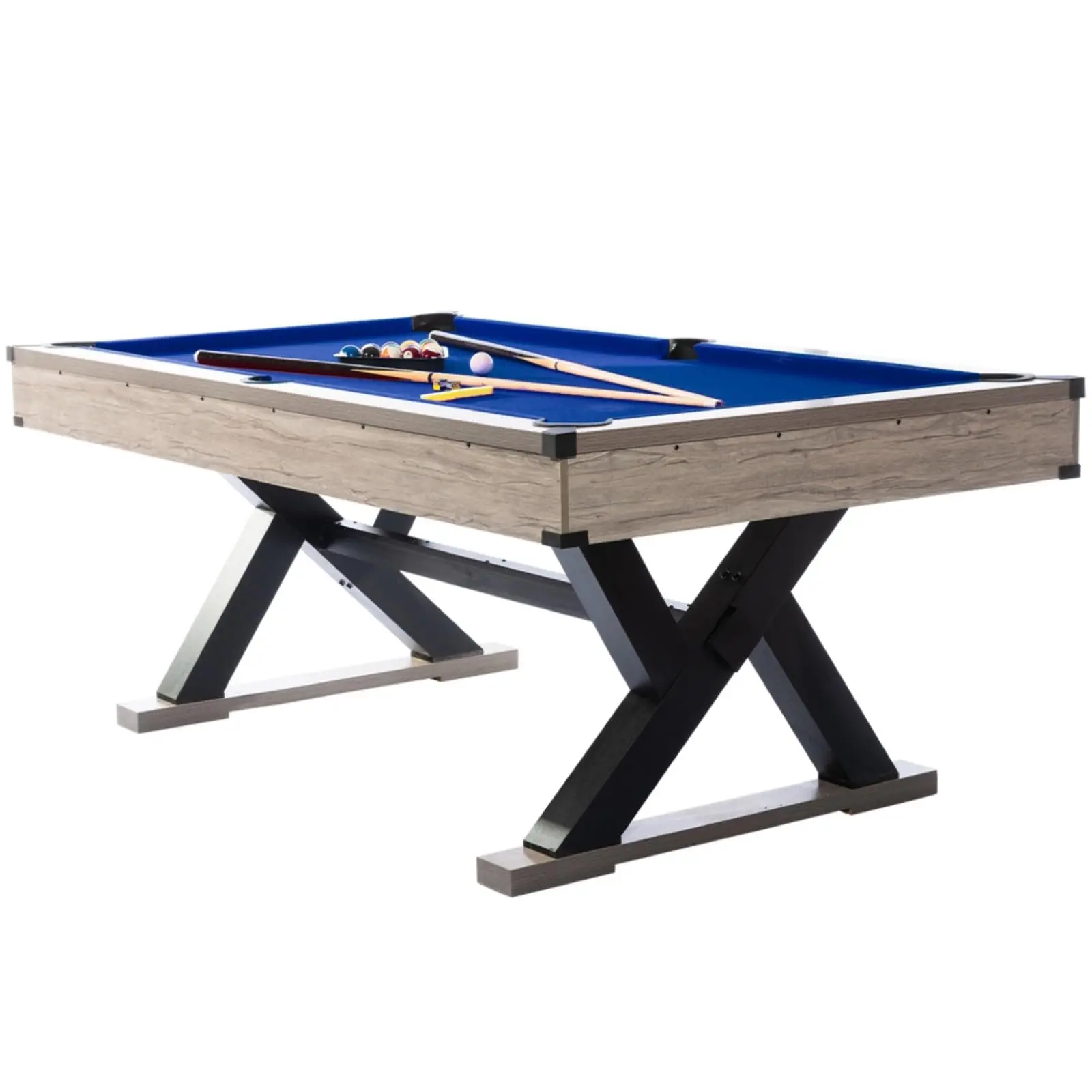 Garvee 7ft Billiard Table with Blue Cloth, 84" Modern Pool Table for Man Cave or Basement, Sturdy K-Legs, Includes 2 Cue Sticks, Balls, Triangle, Chalks, Brush, Easy Assembly, Rustic Grey Finish