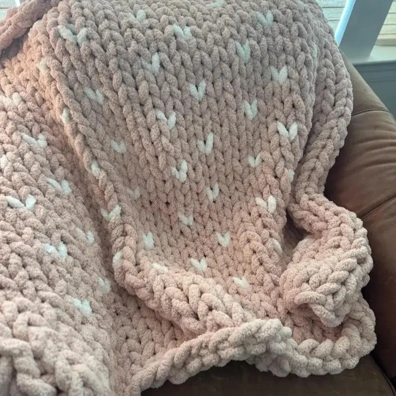 Chunky Knit Heart Blanket - Soft Cozy Plush Blanket for Sofa and Bed