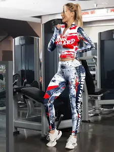 Two-piece Set Women's All Over Print Zip Up Crop Jacket & Leggings Tracksuit Set, Sporty Breathable Comfy Sportswear Set  for Yoga Gym Workout Running, Ladies Sportswear for All Seasons, Skinny Sportswear, Athletic Sports Clothing Workout Running Outfits