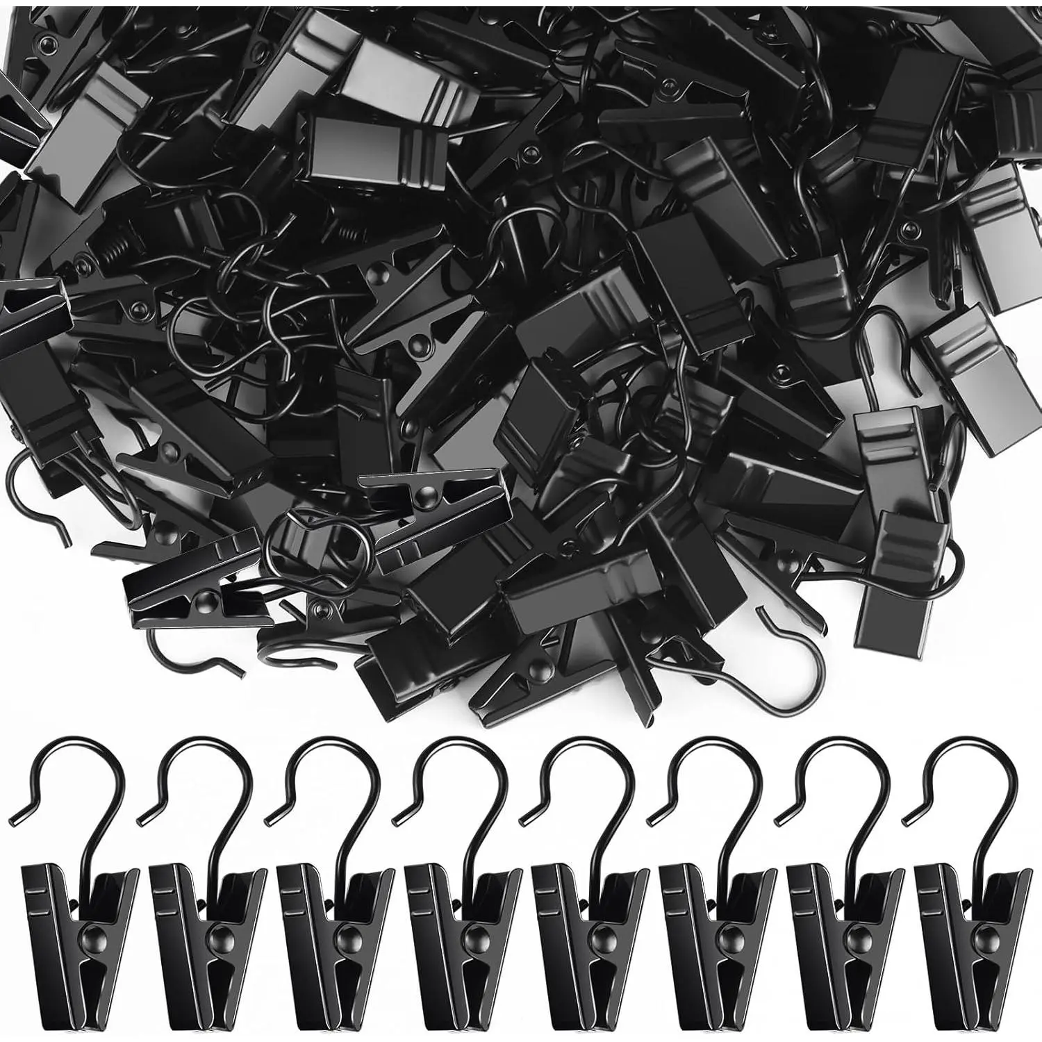 100 Pack Small Curtain Clips Curtain Hooks for Outdoor String Lights, Stainless Steel Clips for Hanging Curtain Hooks for Drapes, Black