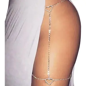 Bohemian Sparkling Rhinestone Leg Bracelet Hollow Heart Leg Chain Elegant Women Body Necklace Sexy Luxurious Full Rhinestone Waist Chain Belly Ornament Party Fashion Waistbeads Accessory