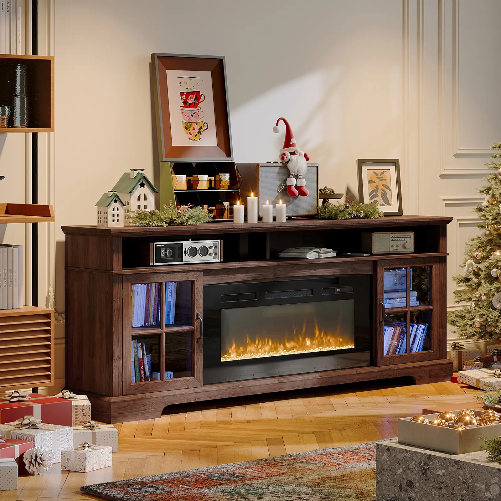 Aoxun Farmhouse Electric Fireplace TV Stand for Living Room, 70"/58" Size for TVs Up to 65", 36"/23" Fireplace Insert with 7-Color Changing Flame, Glass Cabinet Doors & Remote Control Media Console, Tv Stand Living Room