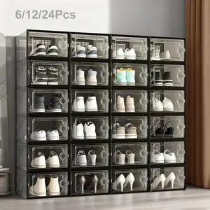 6/12/24Pcs shoe rack, Shoe Storage Boxes Clear Plastic Stackable, Shoe Organizer Storage Bins for Closet, Thickened Transparent Shoe Boxes with Lid