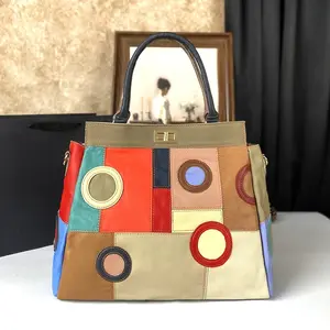 Handcrafted Genuine Leather Women's Handbag with Patchwork Design Color Blocked Retro Style Shoulder Crossbody Tote Bag