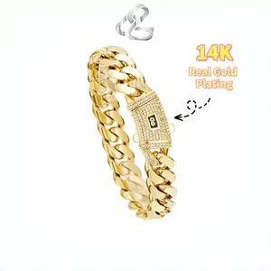 14K Real Gold Plated Miami Cuban Link Chain Bracelet The New Gold-Plated Craftsmanship Waterproof Fade-Resistant Non-Allergenic Hypoallergenic Material Thickened Link Chain Hip-Hop Jewelry for Men Women Valtentine's Day Gift y2k