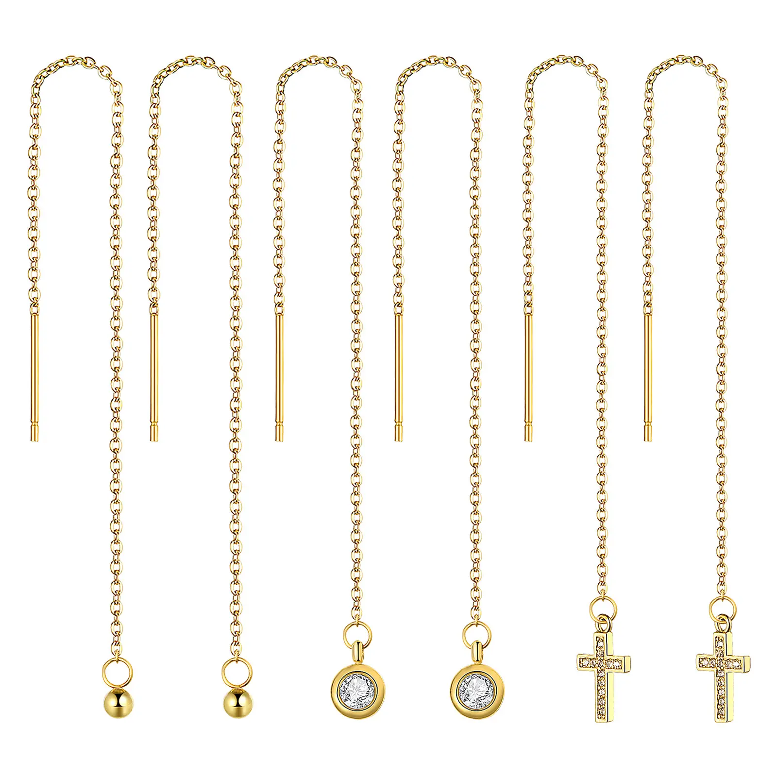 OIDEA Women's 3-Pair Stainless Steel Threader Earrings Set - Lightweight, Tarnish-Free, Gold, Female Daily/Casual Wear with Cross Pendant, CZ, Ball, Tassel Drop Dangles, Earring Stack, 0.18 Oz, Wedding/Birthday Jewelry