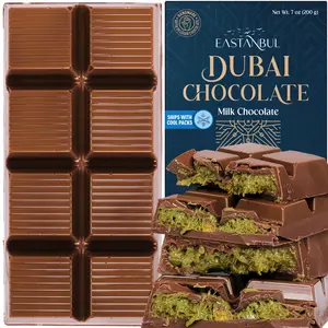 [Father's Day Special] Eastanbul Dubai Milk Chocolate Bar with Pistachio & Kunafa, 7oz Premium Viral TikTok Chocolate, Middle Eastern Dessert with Crunchy Phyllo Dough Bonbon Creamy | Ice Pack Included