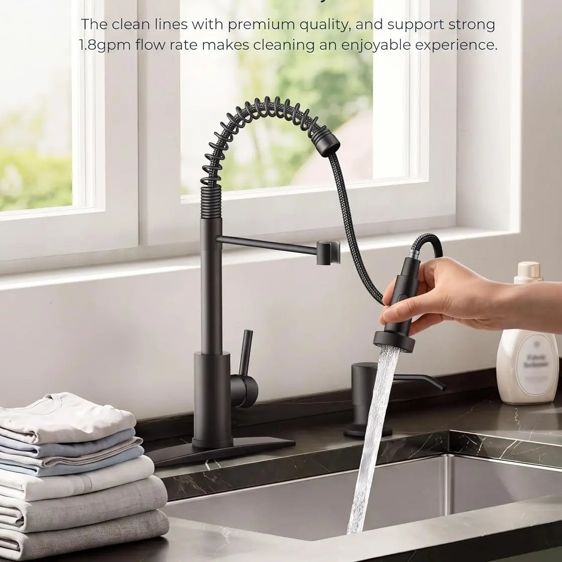 Matte Black Commercial Kitchen Faucet with Pull Down Sprayer, Curved Spout, Dual Outlets, Hands-Free Buckle Lock, Tilted Pot Filler, 360° Independent Rotation