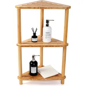 Bamboo Corner Shower Stand 3-Tier Waterproof,Free Standing Corner Shelf Shower Stool Organizer for Inside Shower,-Saving Shower Shelves with Anti-Slip Feet