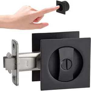 Black Pocket Door Hardware with Privacy Lock & Latch - Contemporary Style for Square Pocket Doors (1 Pack)