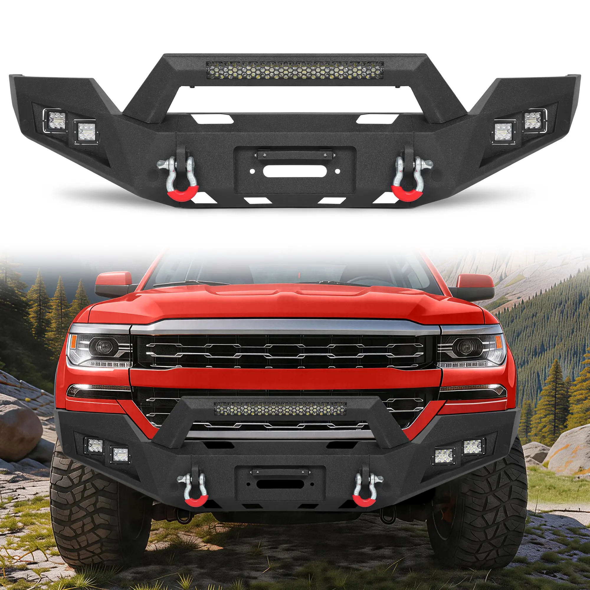 MONOKING Front Bumper for 2016-2018 Chevy Silverado 1500 and 2019 Silverado 1500 LD Legacy Body Style, 11-Gauge Steel Winch-Ready Bumper with 144W Light Bar, 4 LED Pods and D-Rings