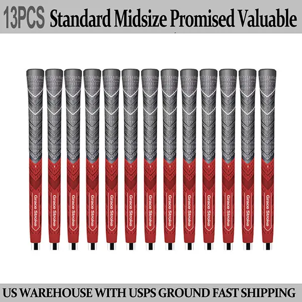 Set of 13 Golf Club Grips (Red/Grey), Midsize/Standard 60R Natural Rubber for Adults, Anti-Slip for Enhanced Control, Flexibility & Durability, Grip Golf Club Parts, Golf Accessory, Secure Hold