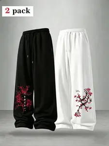 Men's Loose Floral Print Drawstring Sports Pants, Adjustable Waist, Outdoor Versatile Long Pants, Straight Leg Casual Pants, Loose Athletic Pants 2 Pairs