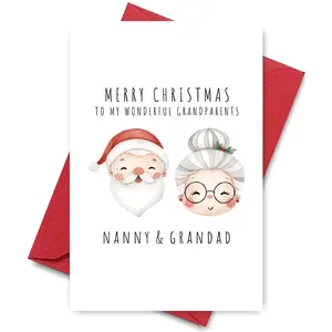 Heartwarming Grandparents Christmas Card - "MERRY CHRISTMAS TO MY WONDERFUL GRANDPARENTS" | Custom Nanny & Grandad Portraits, Santa Hats & Holly, Suitable for Family Holiday Gifts, Custom Message Card