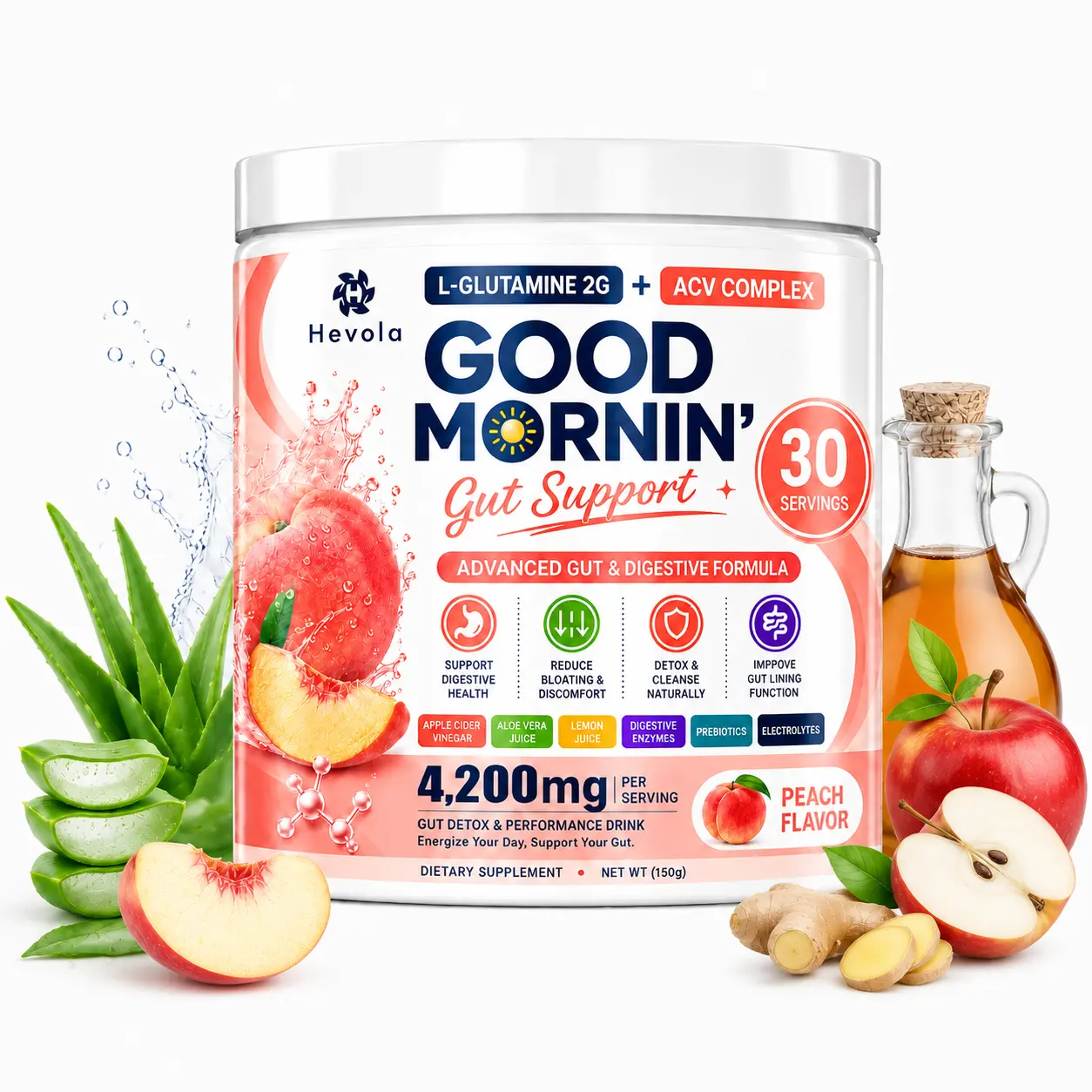 Gut Health Support Powder 4200mg with Apple Cider Vinegar, L-Glutamine 5g, Prebiotics & Digestive Enzymes, Digestive Comfort Formula, Supports Gut Lining & Healthy Digestion, 30 Servings