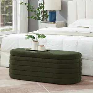 Modern Oval Storage Ottoman Bench, Upholstered Boucle Teddy Fabric End of Bed Bench with Storage, End of Bed Stool with Safety Hinge for Bedroom, Living Room, Entryway