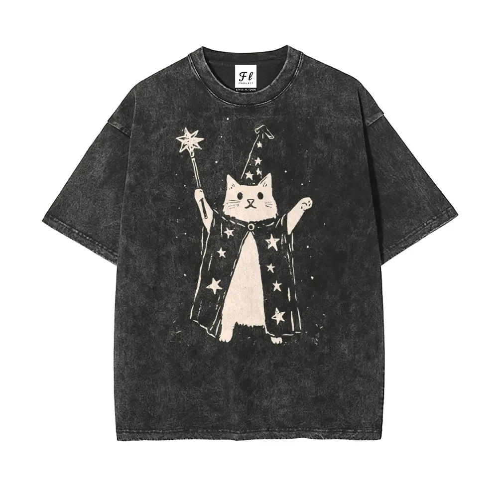 Men's Oversized Vintage Washed Short-Sleeve Round-Neck Batik Cotton T-Shirt - Wizard Cat & Star Wand Print, S-5XL Unisex Casual Classic Top, Super Soft Pre-Shrunk Silky Streetwear, Shortsleeve, Fabric, Tshirt everyday