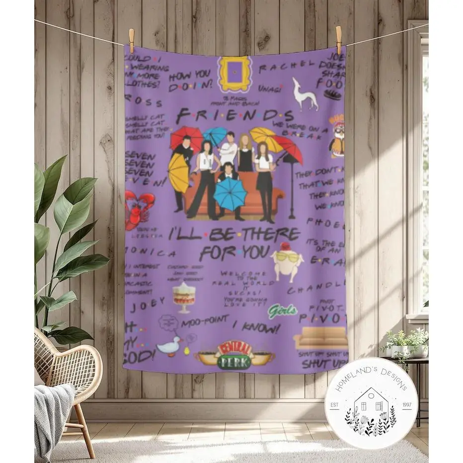 Friends-Inspired Purple Flannel Blanket - Central Perk Quotes Print, Colorful Iconic Design, Soft Cozy Throw for Sofa, Living Room TV Watching, Ideal Home Decor Gift,summervibes, Character Inspired Blankets, Decorative Text Blankets