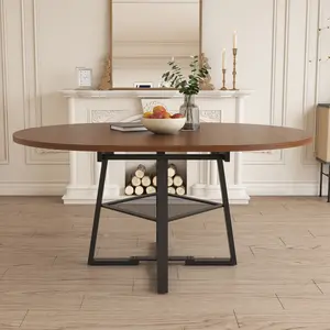Extendable Round Dining Table for 4-8 with Storage, Walnut Finish Circle Dining Table with Metal Frame & Thickened Top, Multi-Functional Kitchen & Living Room Table