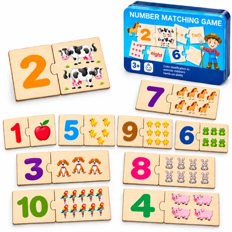 Children's Iron Box Number Matching Game, puzzle, Digital Enlightenment Pairing Wooden Animal Food Puzzle Board Early Education Math Toys for Kids Boys Girls