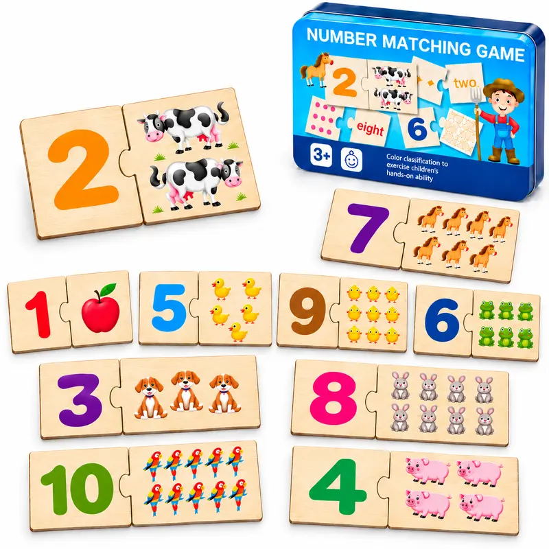 Children's Iron Box Number Matching Game, puzzle, Digital Enlightenment Pairing Wooden Animal Food Puzzle Board Early Education Math Toys for Kids Boys Girls