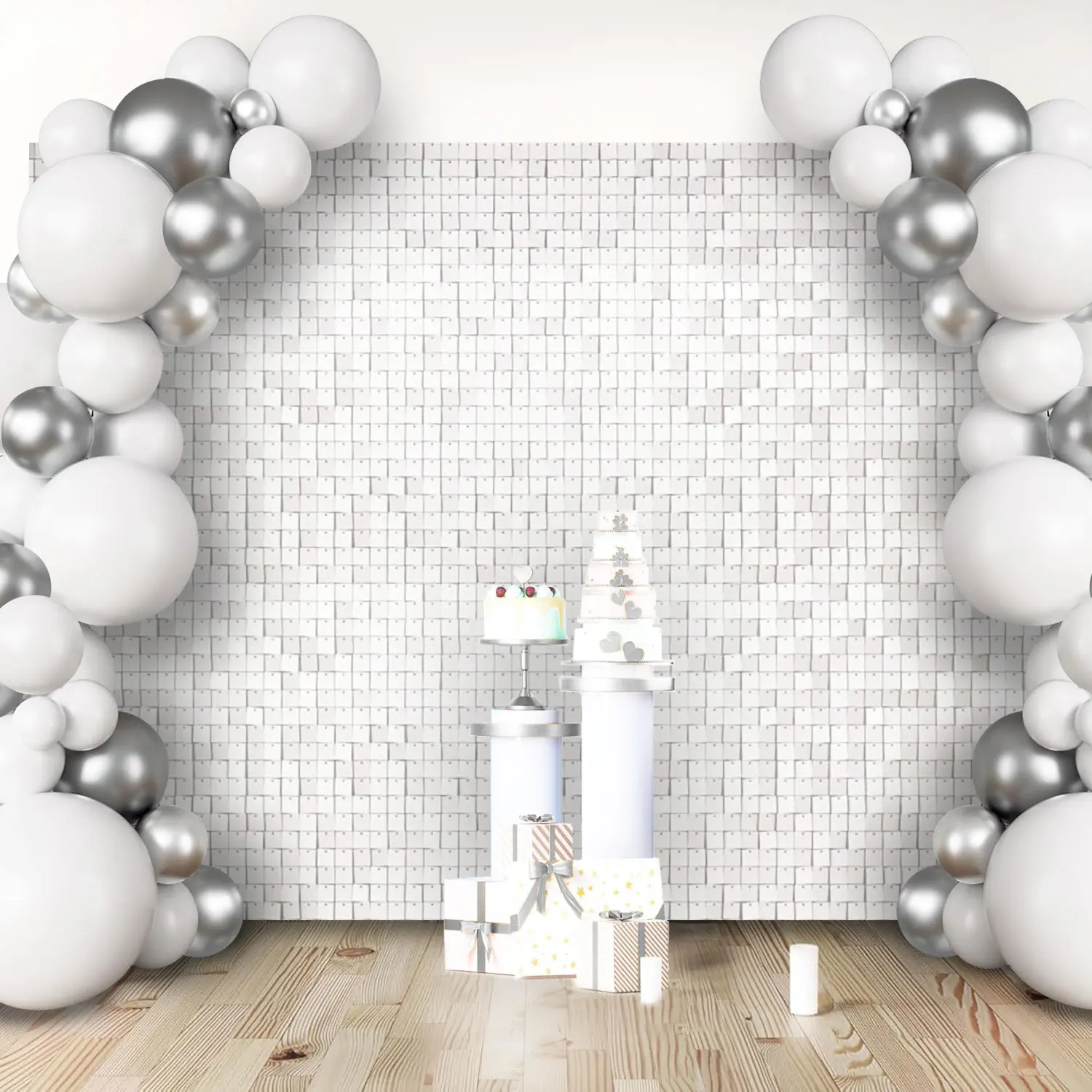 Mirror White Sequin Shimmer Wall Backdrop Panel, Square Design, Ideal for Weddings, Birthdays, Outdoor Event Decorations
