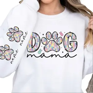 Custom Dog Mom sweatshirt with Personalized Pet Names | Floral Embroidered Effect Dog Mama Tee