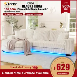 【New Year Special Discount】 Niccae LED Lighted Convertible Teddy Fabric Foam Sleeper Sofa with 6 Pillows Corduroy Tufted L-Shaped Modular Sectional with Ottoman Left & Right Placement for Living Room Bedroom Office Apartment Upholstered Sofa Couch