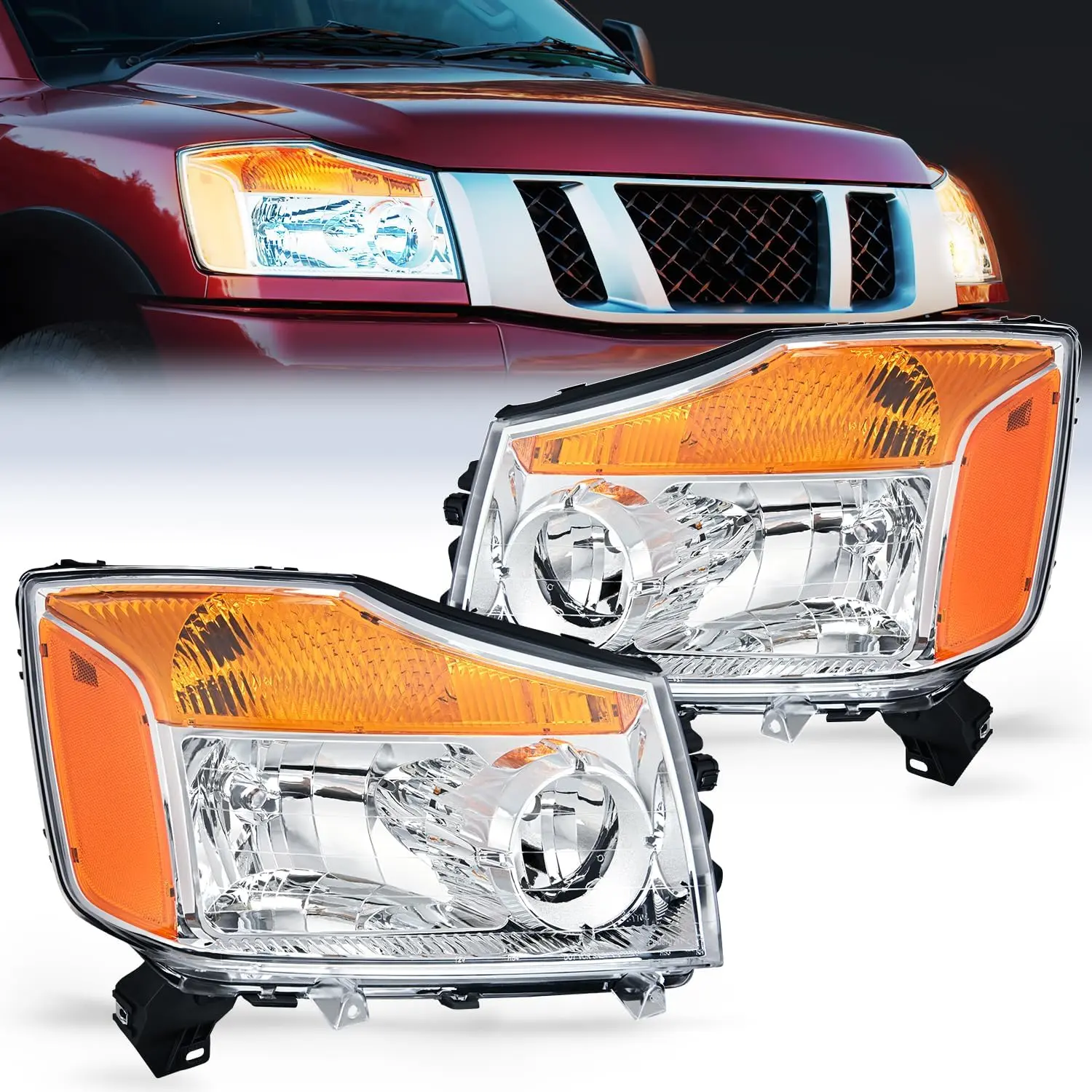 Nilight LED Car Headlight Assembly with Chrome Housing, Amber Reflector & LED Blinker - Replacement for 2004-2015 Nissan Titan, 2004-2007 Armada Automotive Headlamps, Led Front Lights
