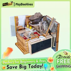 MayBee Hives 8/10 Starter Kit Complete Bee Hive Complete Beekeeping Starter Kit and Wax Coated Langstroth Deep Box Including Beekeeping Equipment Kit with Beekeeping Veil