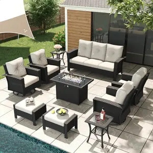 LayinSun 10-Piece Wicker Patio Furniture Set with Fire Pit Table, Classis Outdoor Conversation 360 Degree Swivel Chairs Set with Coffee Table