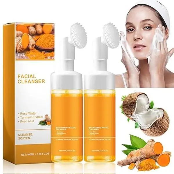 Turmeric Foaming Facial Wash with Kojic Acid & Honey - Dry Skin Nourishing Pore Purifying Cleanser with Silicone Brush, 100ml Single Item